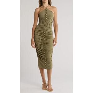 Cult Gaia Calian Ruched Halter Bodycon Dress Green Tea Gold Tone Hardware Large